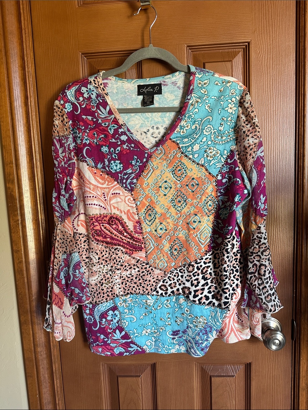 Lola P Boho Patchwork Print  V-Neck Top with Beading Detail, size XL